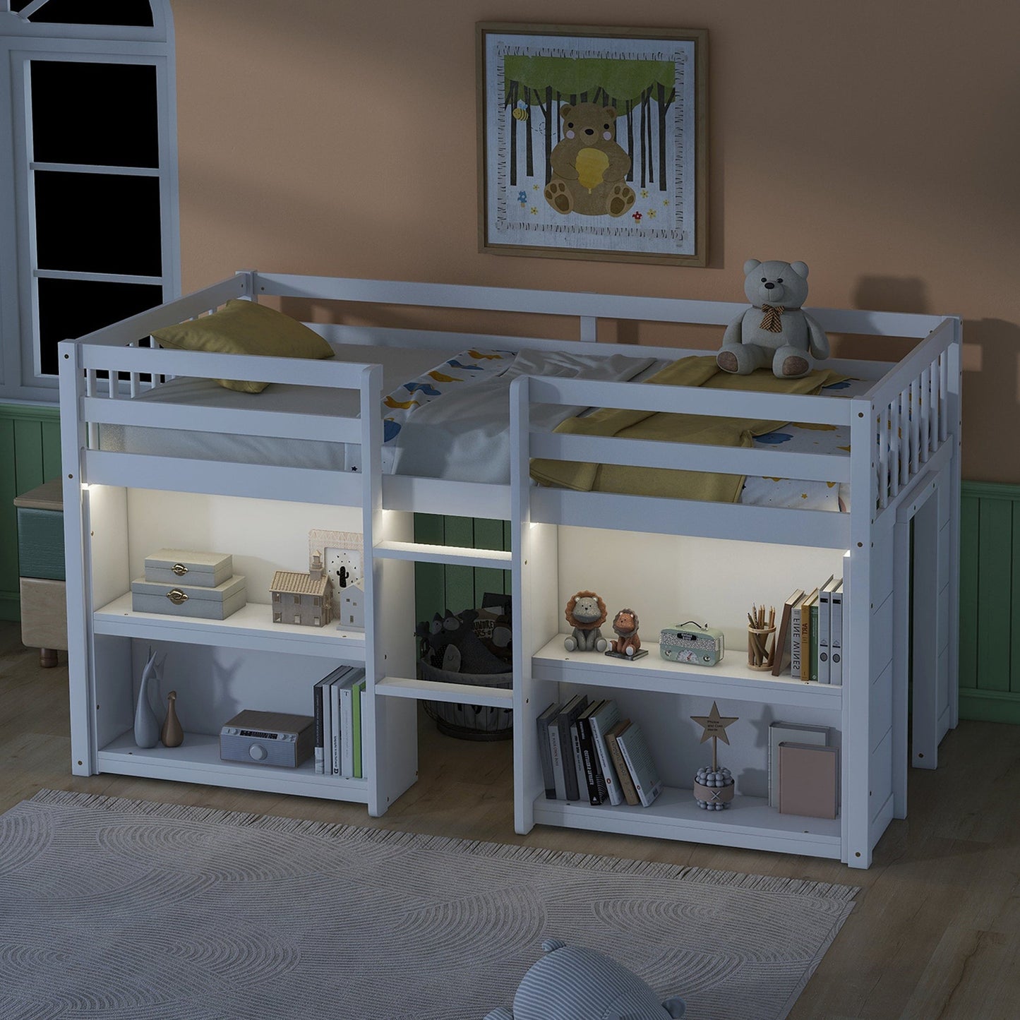 Delaney Twin Size Low Loft Bed With Two-Tier Shelves And LED Light, White