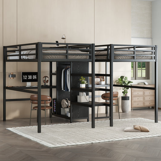 Twin over Twin Metal Loft Bed with Double Desk and Wardrobe and Shelves with Electrical Outlet for Space Saving and Noise Reduction - primary color shot