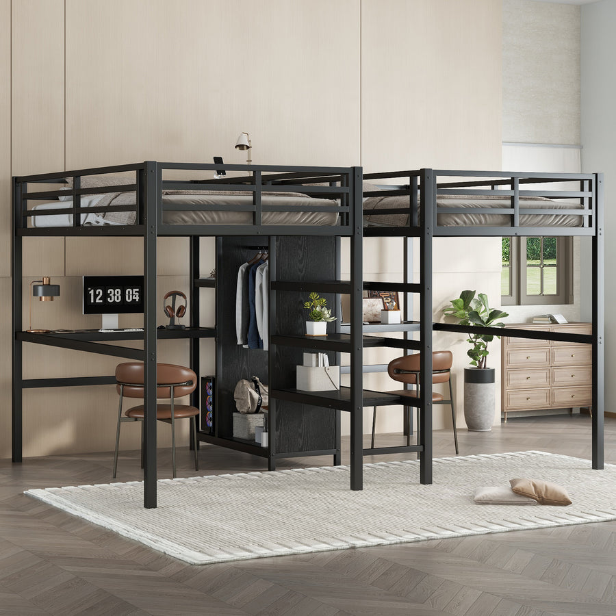Twin over Twin Metal Loft Bed with Double Desk and Wardrobe and Shelves with Electrical Outlet for Space Saving and Noise Reduction - primary color shot