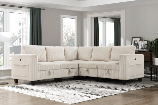 5-Piece Modular Sectional with Storage Seats, Side Pockets, Charging Ports Beige Corduroy Fabric Modern Living Room Sectional Couch Solid Wood Furniture - primary color shot