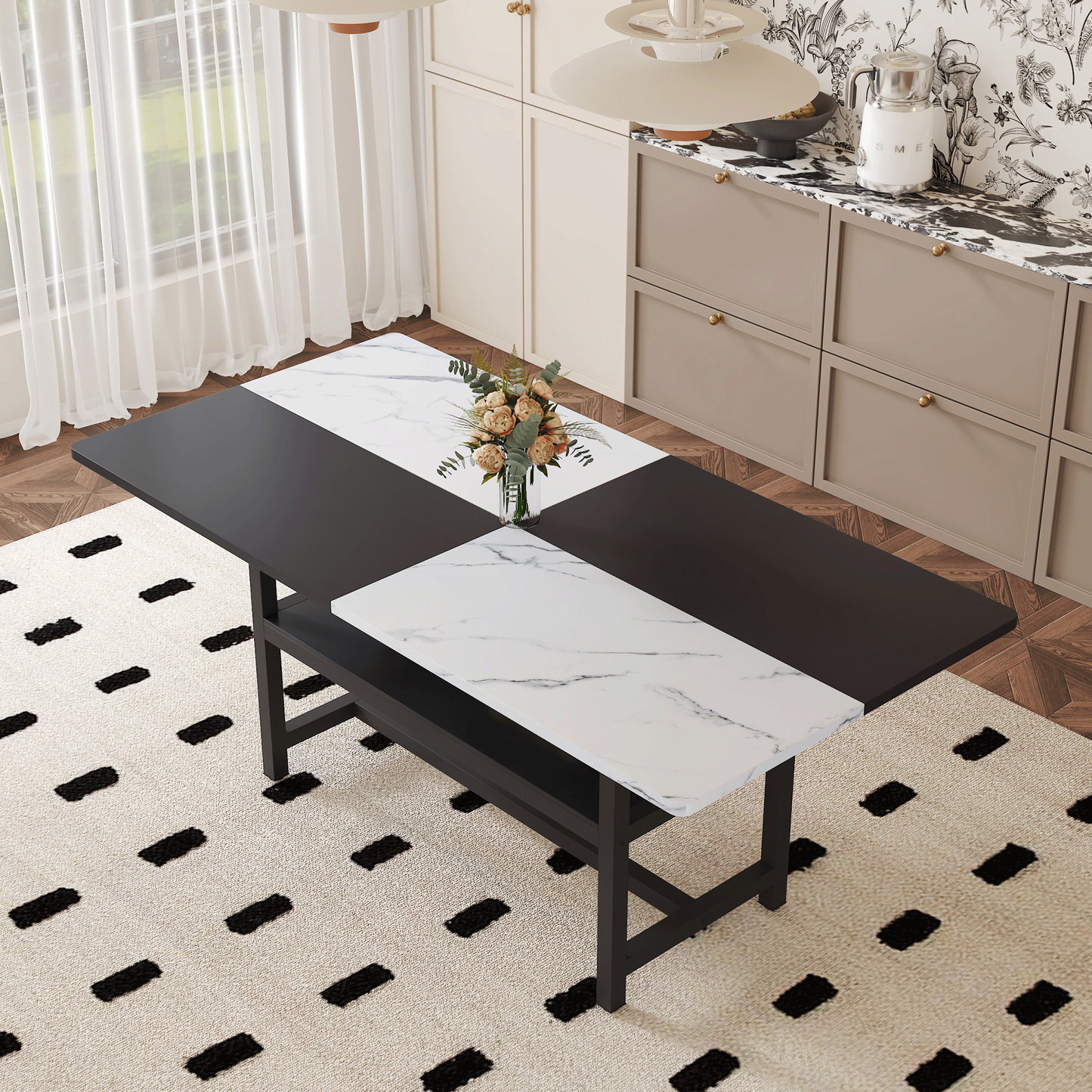 71" Long Two-Color Splicing Fashionable Dining Table - White & Black - detail view 2