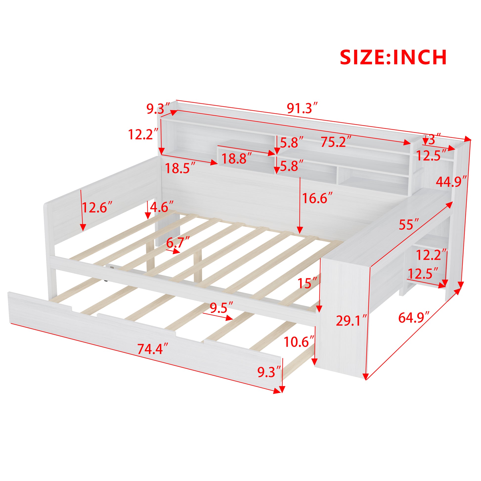 Mason Full Size Wooden Daybed with Bookcase Headboard & Trundle