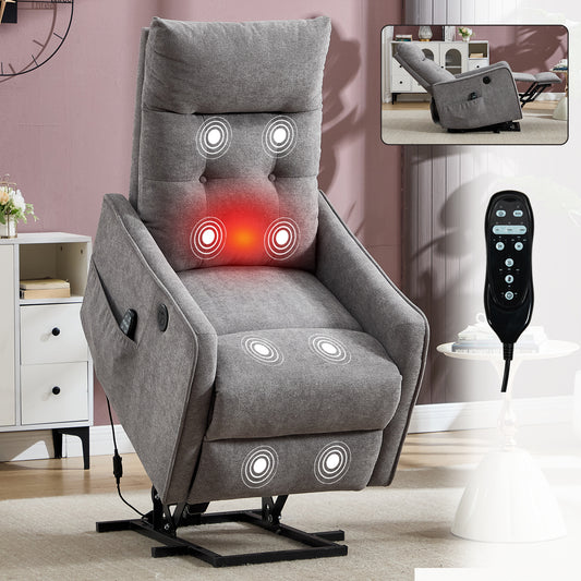 Light Grey Chenille Single Motor Power Lift Recliner Chair with Massage and Heat for Elderly - Light Gray - primary color shot