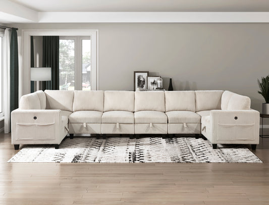 8-Piece Modular Sectional with Storage Seats, Side Pockets, Charging Ports Beige Corduroy Fabric Modern Living Room Sectional Couch Solid Wood Furniture - primary color shot