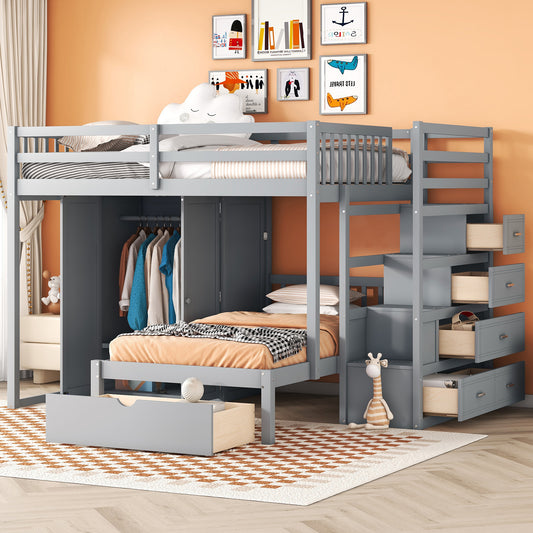 Full over Twin Bunk Bed with Wardrobe - Gray - primary color shot