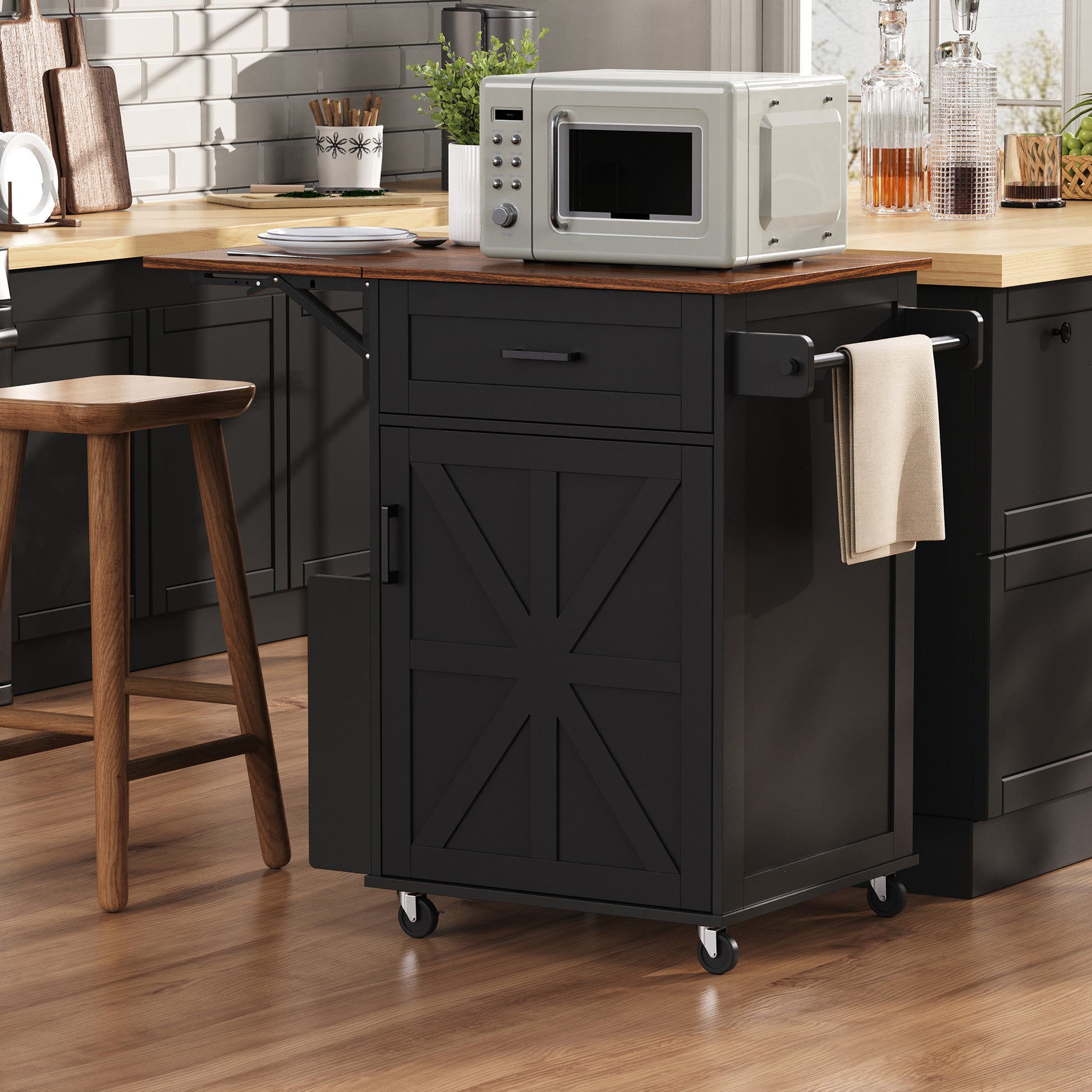 K&k 39.3' Farmhouse Kitchen Island with Drop Leaf - Black - detail view 5
