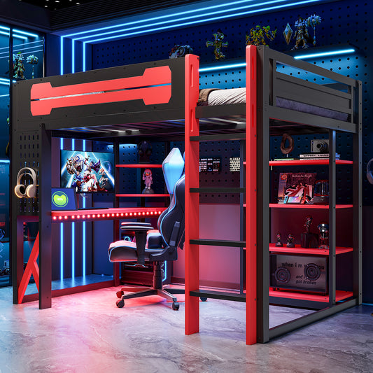 Full Size Wood Loft Bed with Desk - Black+red - primary color shot