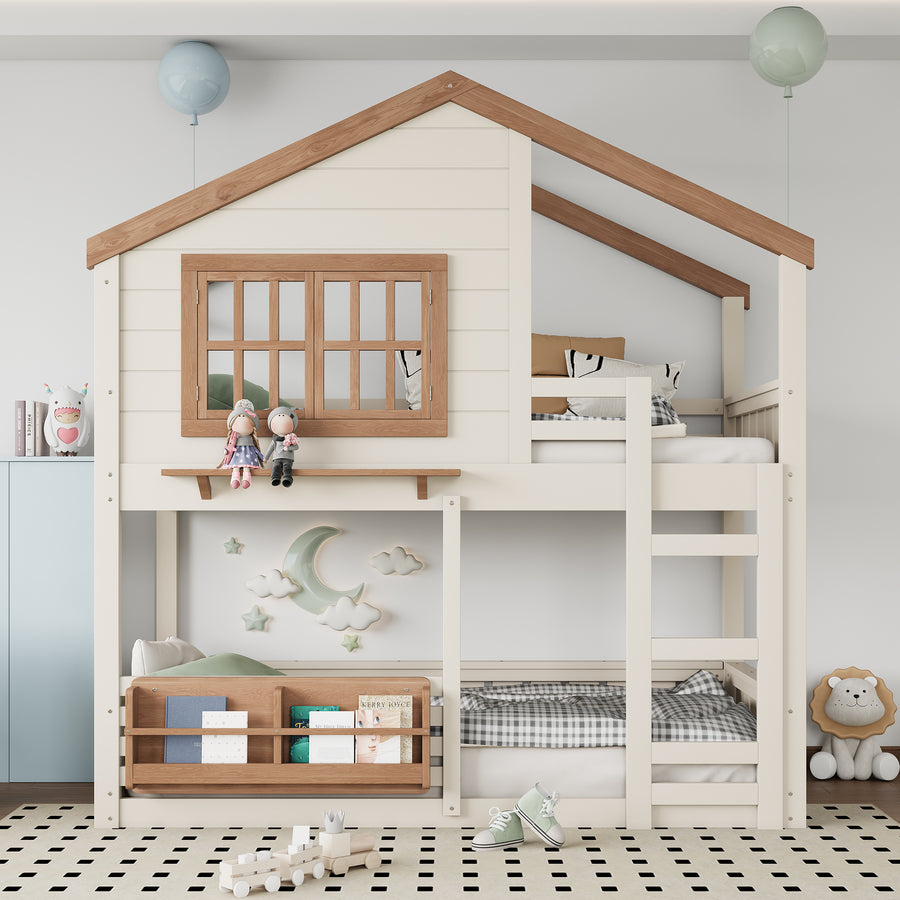 Twin Size Bunk Bed/loft Bed with Bookshelf - Beige - primary color shot