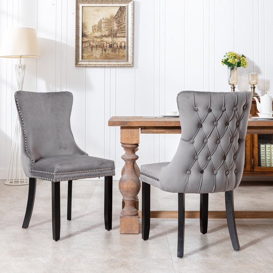 Gray Velvet Nailhead Trim Dining Chairs with Wood Legs (Set of 2)
