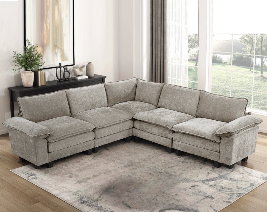 Modern Contemporary 5-Piece Modular Sectional Sofa Set Plush Comfort Chenille Upholstery Living Room Furniture Durable Plywood - detail view 8