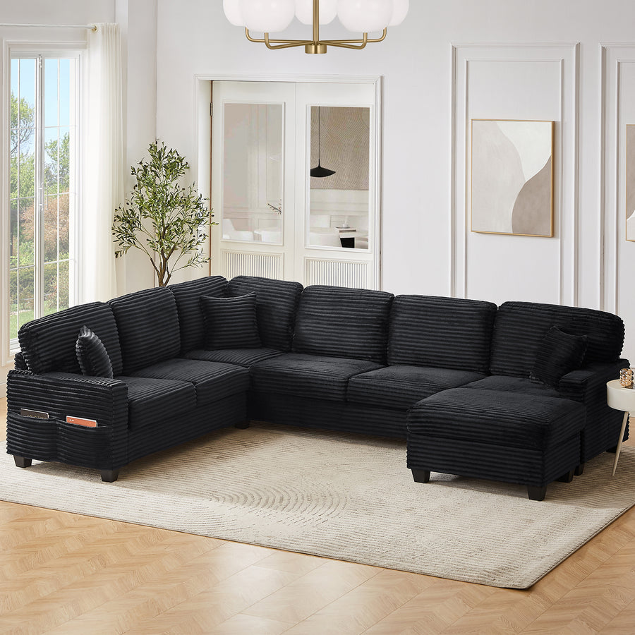 Upholstered U-shaped Sectional Sofa with Movable Ottoman and Side Storage Pockets in Black Corduroy, 125.2 inches - detail view 2