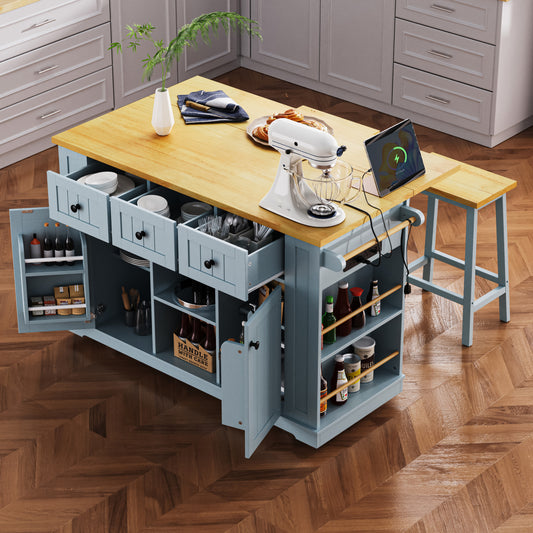 K&k 53" Large Kitchen Island with Drop Leaf - Grey & Blue - primary color shot