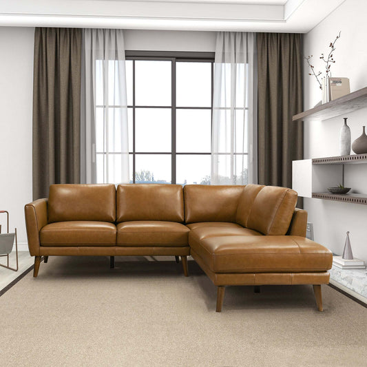 Mid-In Mod Benson Tan Leather Sectional Sofa with Right Facing Chaise - Mid-Century Modern Design - detail view 2