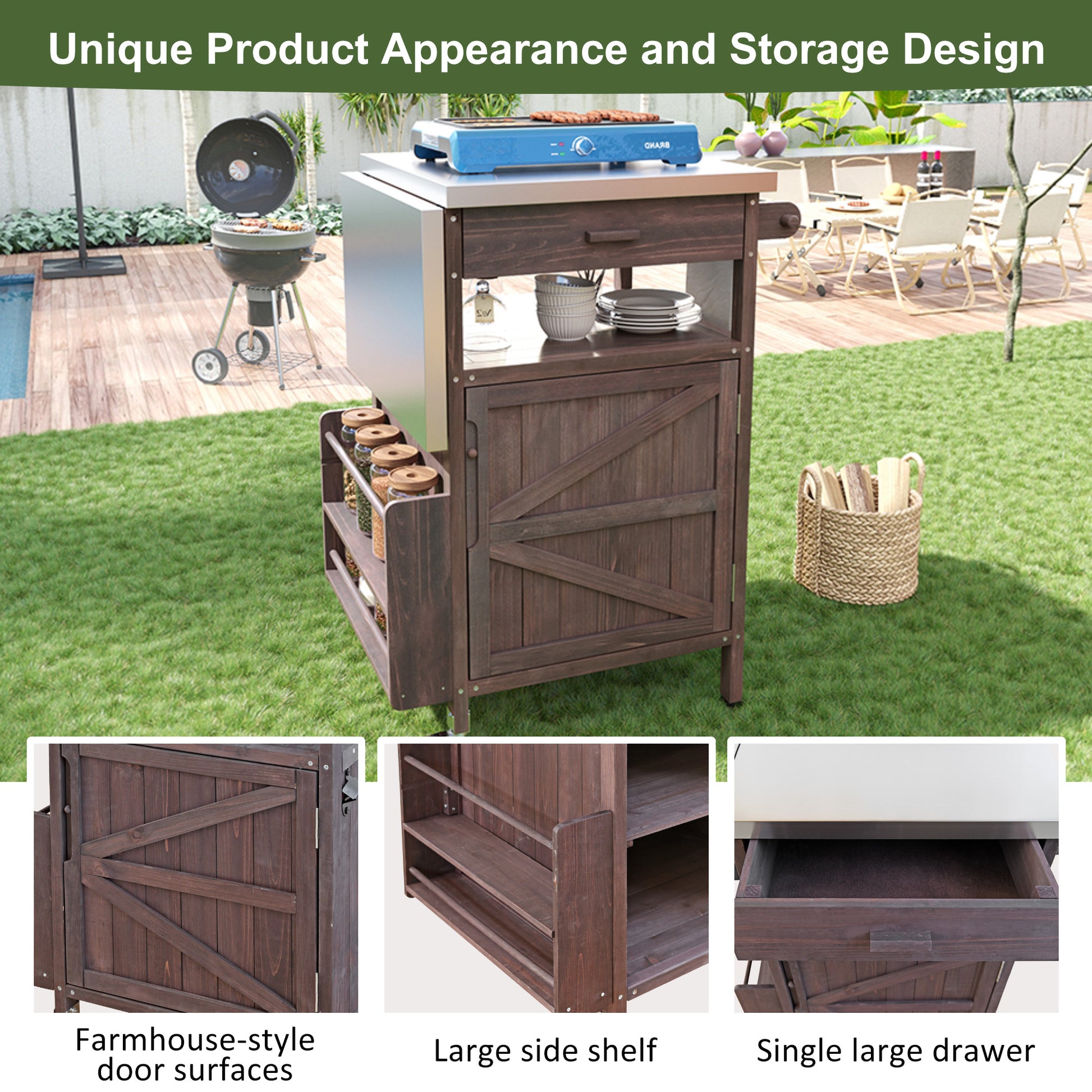 K&k 40.5' Outdoor Grill Cart with Stainless Steel Top - Brown - detail view 5