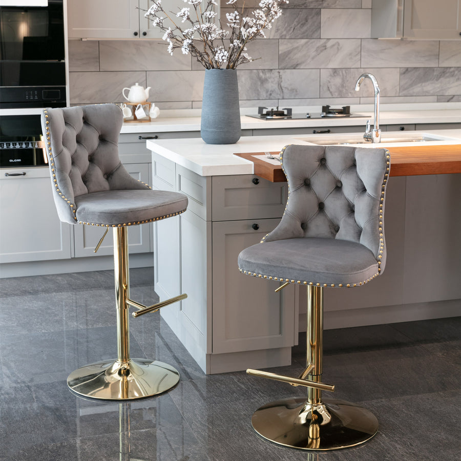 Gray Velvet Tufted Bar Stool with Gold Legs (Set of 2)