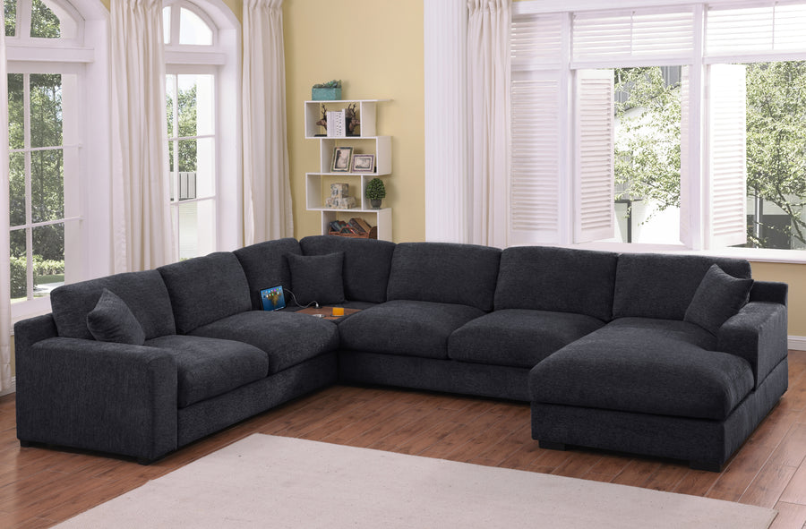 Celine 128'W Charcoal Chenille Fabric Corner Sectional Sofa with Right-Facing Chaise, Cupholders, and Charging Ports - primary color shot