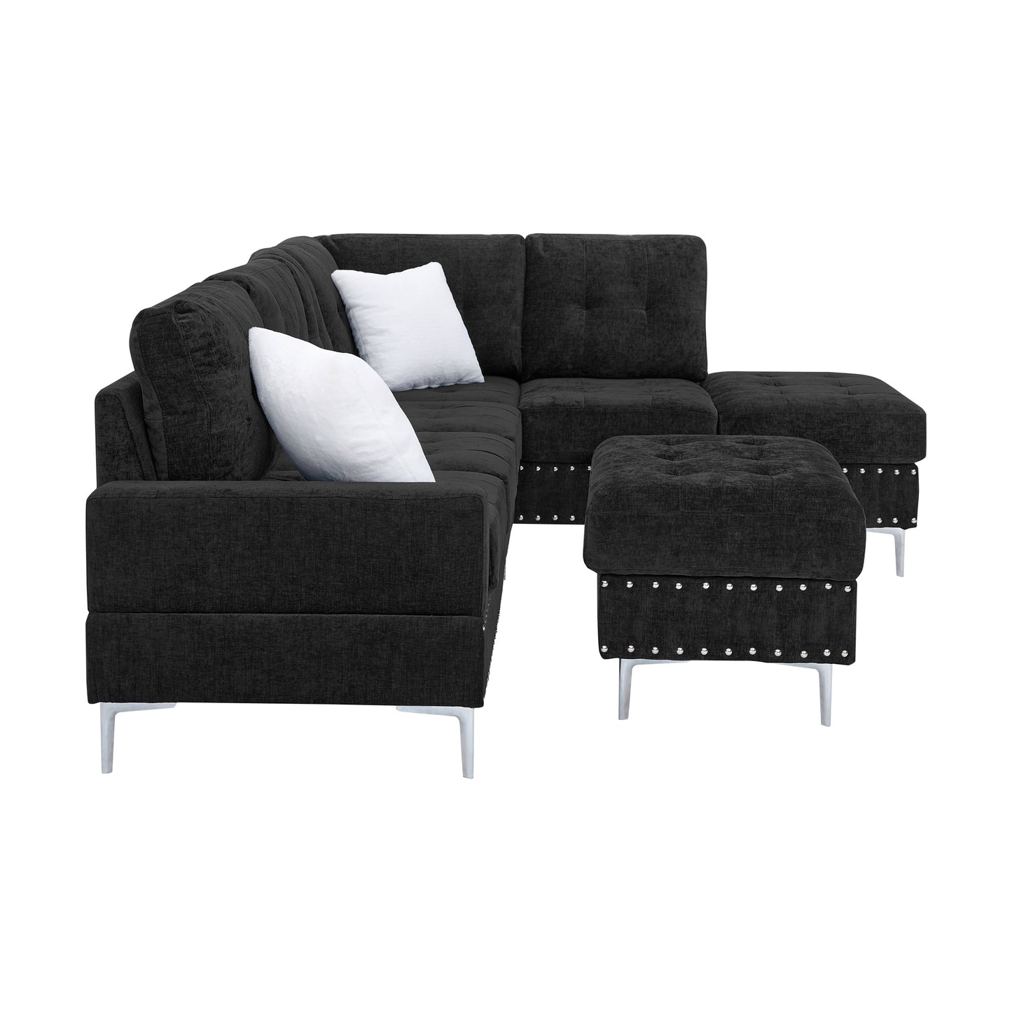 Modern L-Shaped Sectional Sofa with Chaise and Storage Ottoman in Black Chenille, Metal Legs and Copper Nails, Includes Two White Pillows, 102' - detail view 8