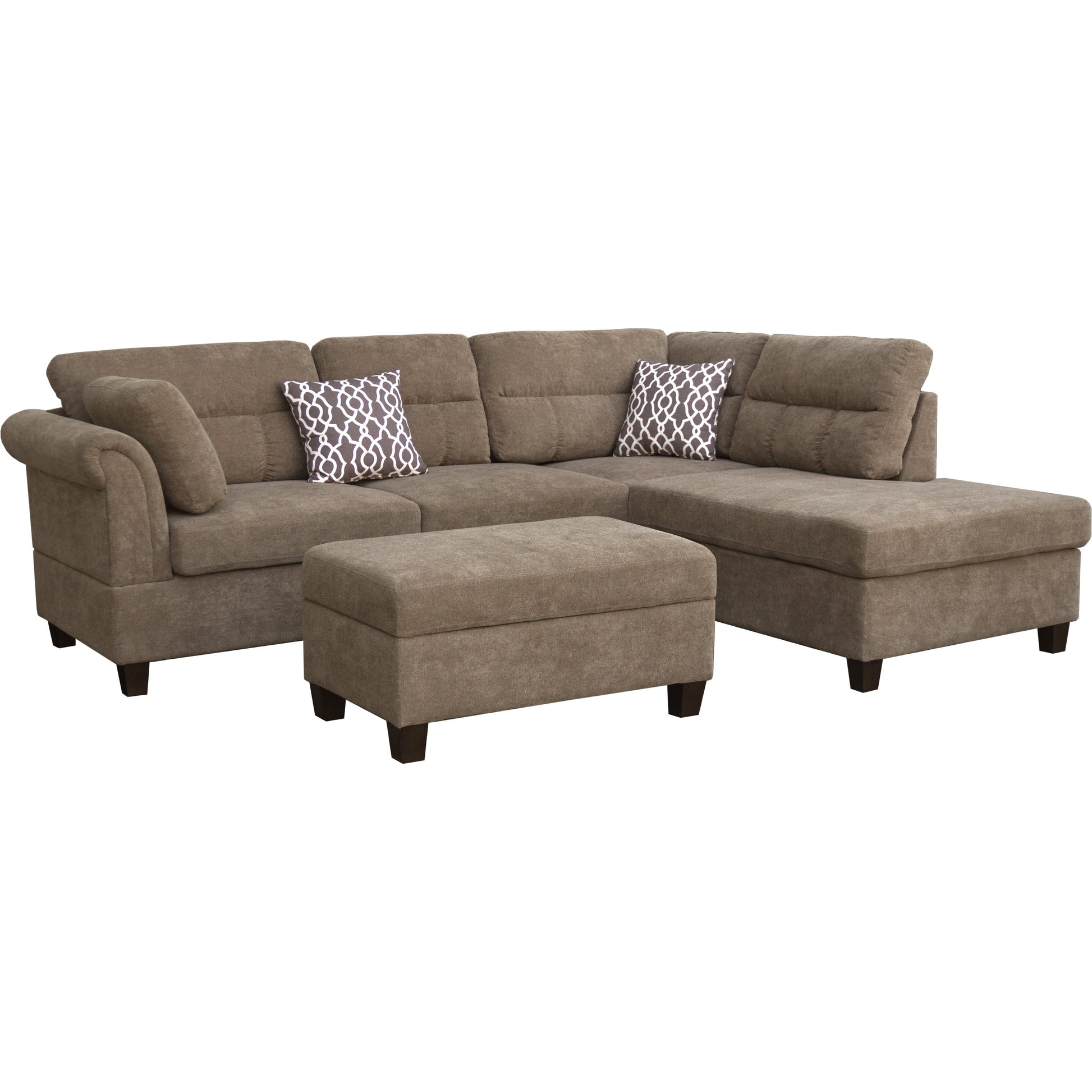 Diego 103.5' Brown Fabric Sectional Sofa with Right Facing Chaise, Storage Ottoman, and 2 Accent Pillows - detail view 2
