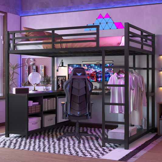Metal Loft Bed with Wardrobe and L-Shaped Desk - Black - primary color shot