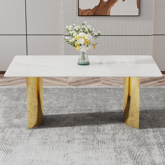 Modern Minimalist Dining Table. the White Imitation Marble Glass Desktop Is Equipped with Golden Metal Legs. Suitable for Restaurants & Living Rooms - detail view 2