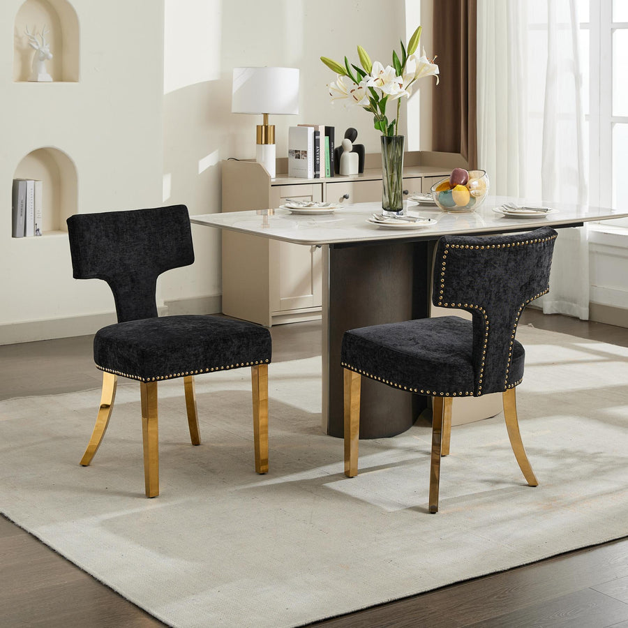 Black Chenille Dining Chairs with Brushed Silver Legs (Set of 2)