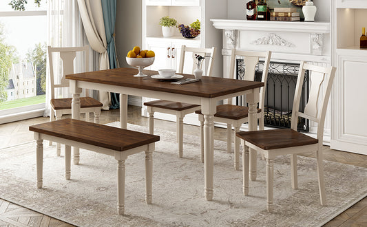 Linda Classic 6-Piece Wooden Farmhouse Dining Set - Brown & White