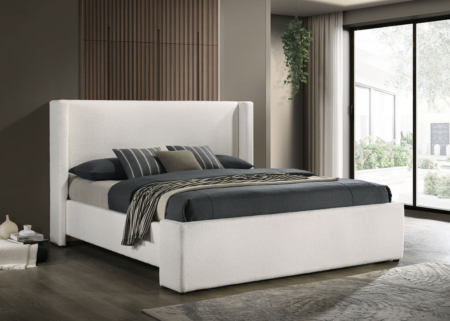 Alamosa Modern White Boucle Wingback King Platform Bed