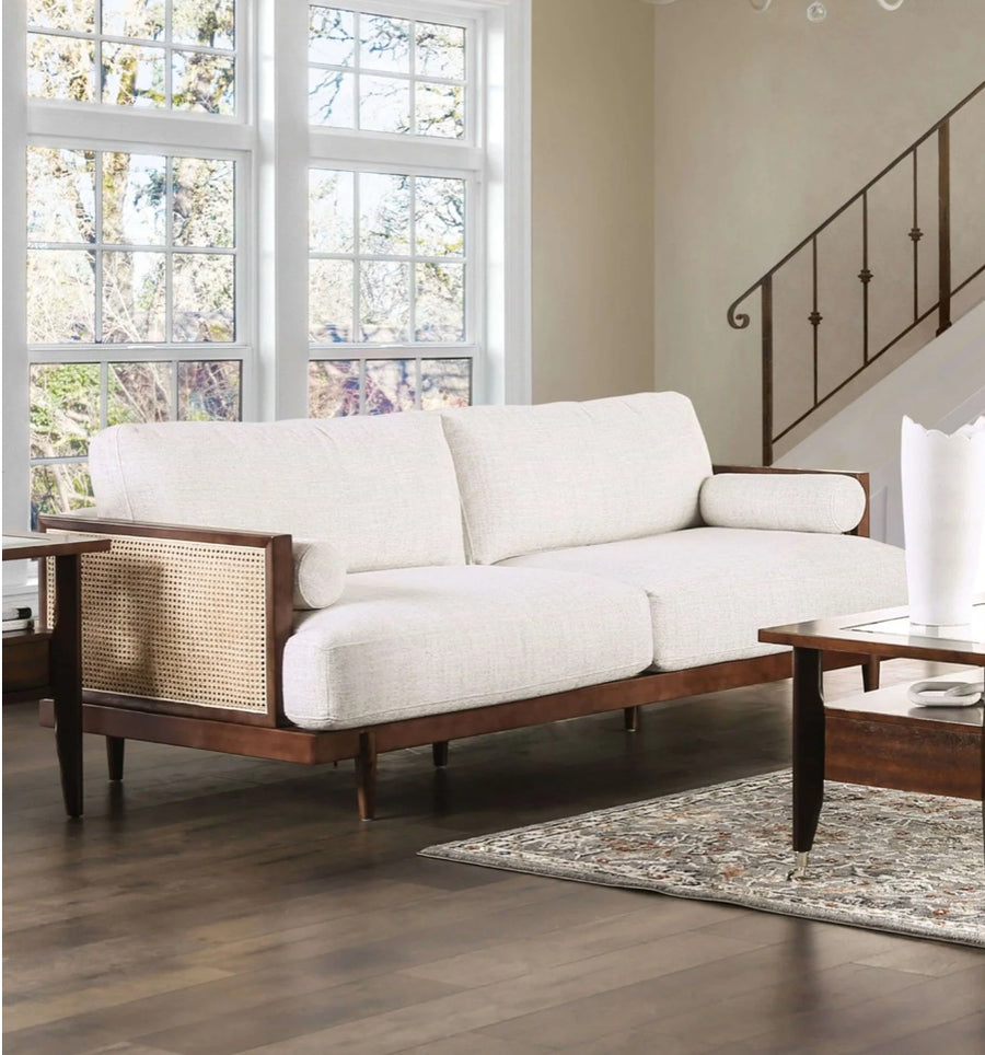 Alesund Mid-Century Modern Sofa with Rattan Accents - Beige & Walnut