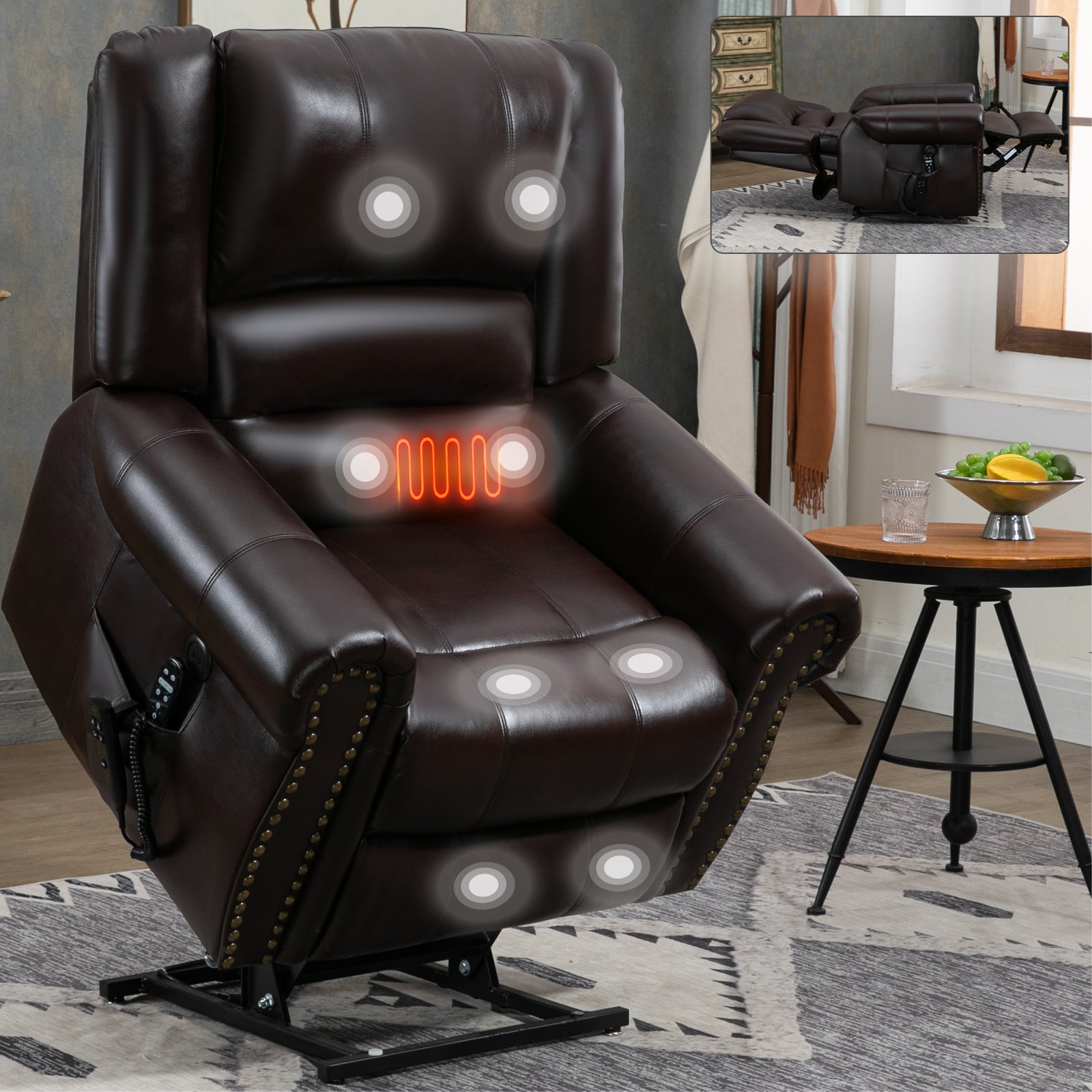 Brown leather massage chair with illuminated massage points in a living room setting.
