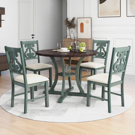 TREXM 5-Piece Round Dining Table and 4 Fabric Chairs with Special-shaped Table Legs and Storage Shelf Antique Blue/ Dark Brown