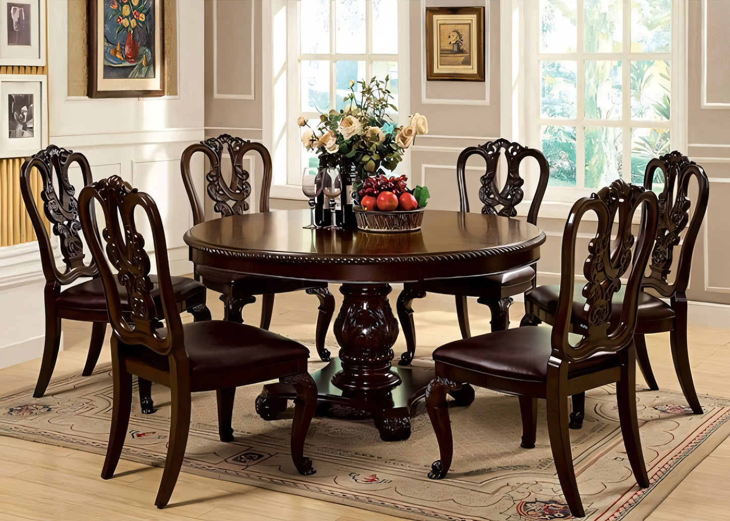 Bellagio 5-Piece Traditional Brown Cherry Single Pedestal Dining Set (3 Chair Options)