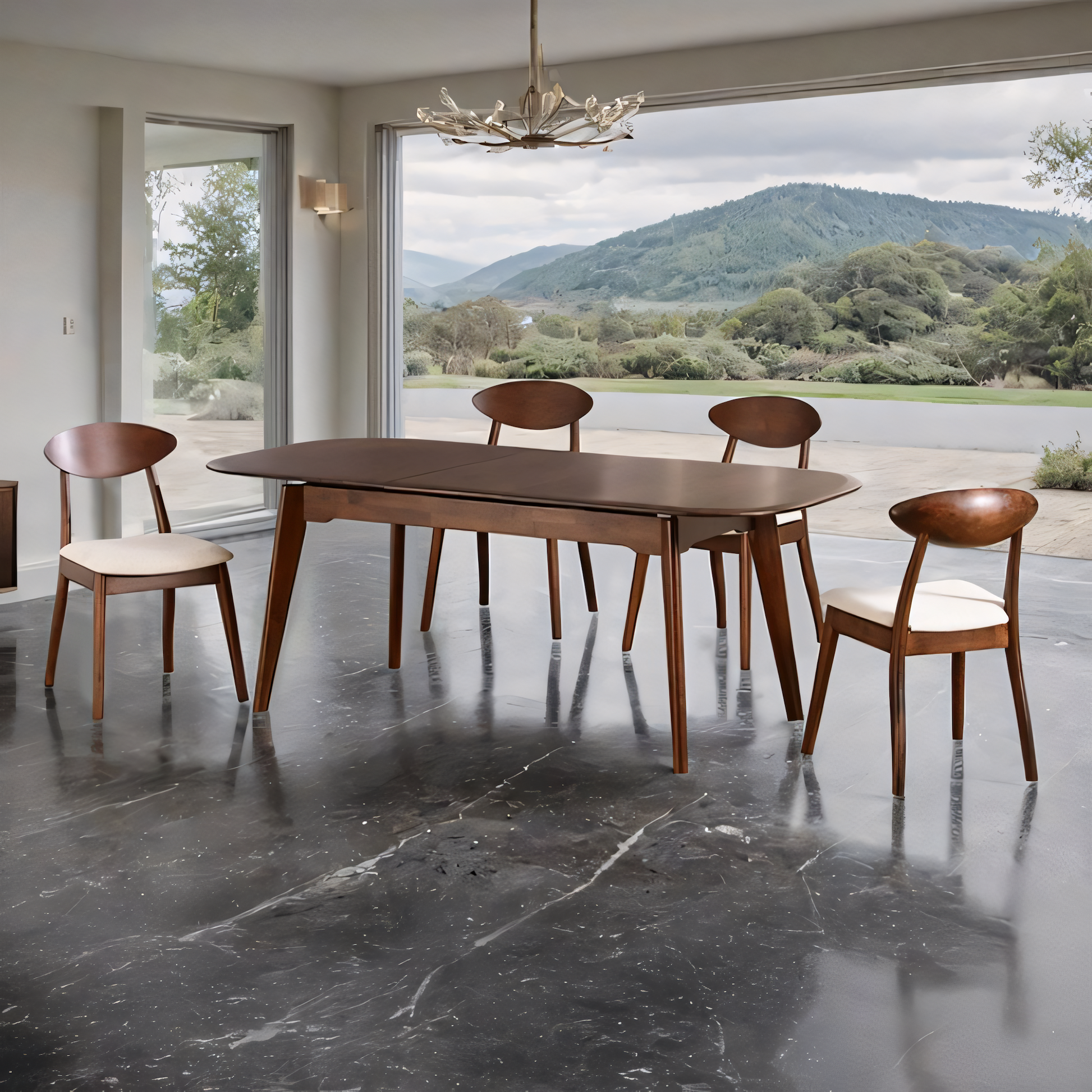 Dining room with wooden table and chairs on a marble floor, large windows showing a scenic view.