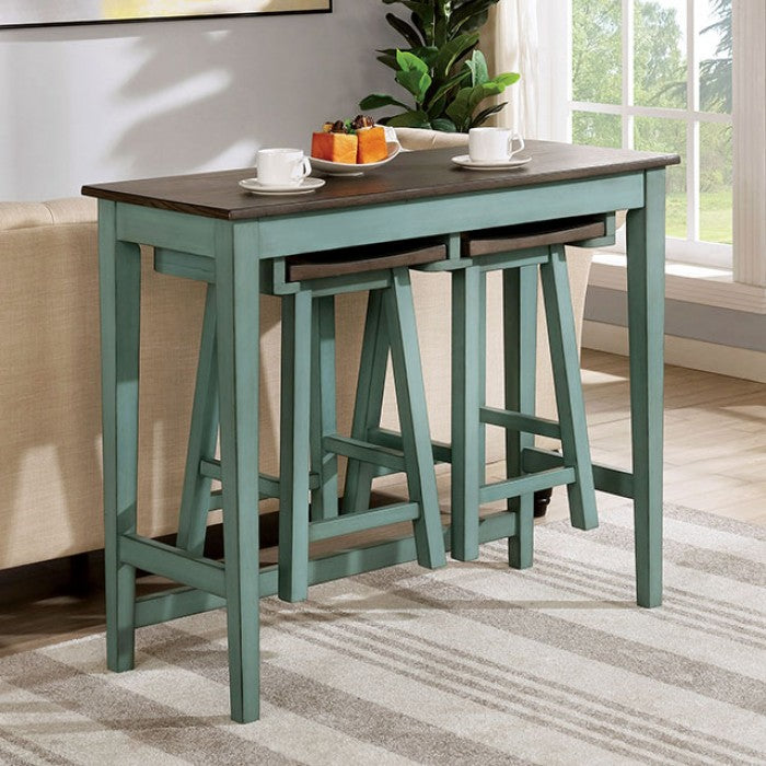FOA Elinor Transitional Tibetan-Style 3 Piece Bar Table Set - Antique Teal/Gray
