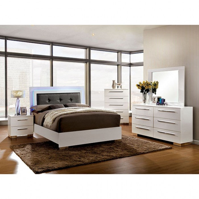 Clementine Glossy White 4-Piece King Bedroom Set with LED Lighting