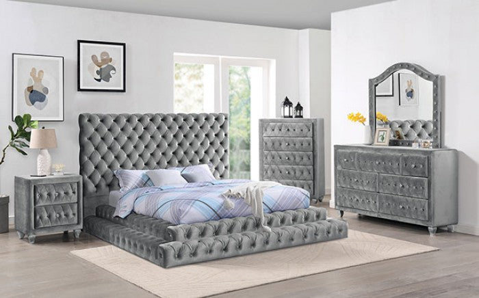Stefania King Velvet Glam 4-Piece Bedroom Set - Gray