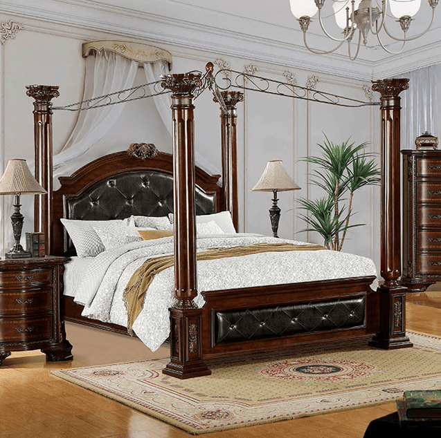 Mandalay Traditional Poster Canopy Bedroom Set in Brown Cherry - Queen