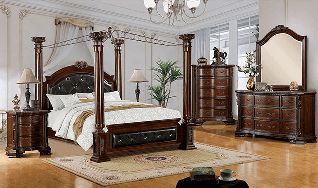 Mandalay Traditional Poster Canopy Bed in Brown Cherry - Queen