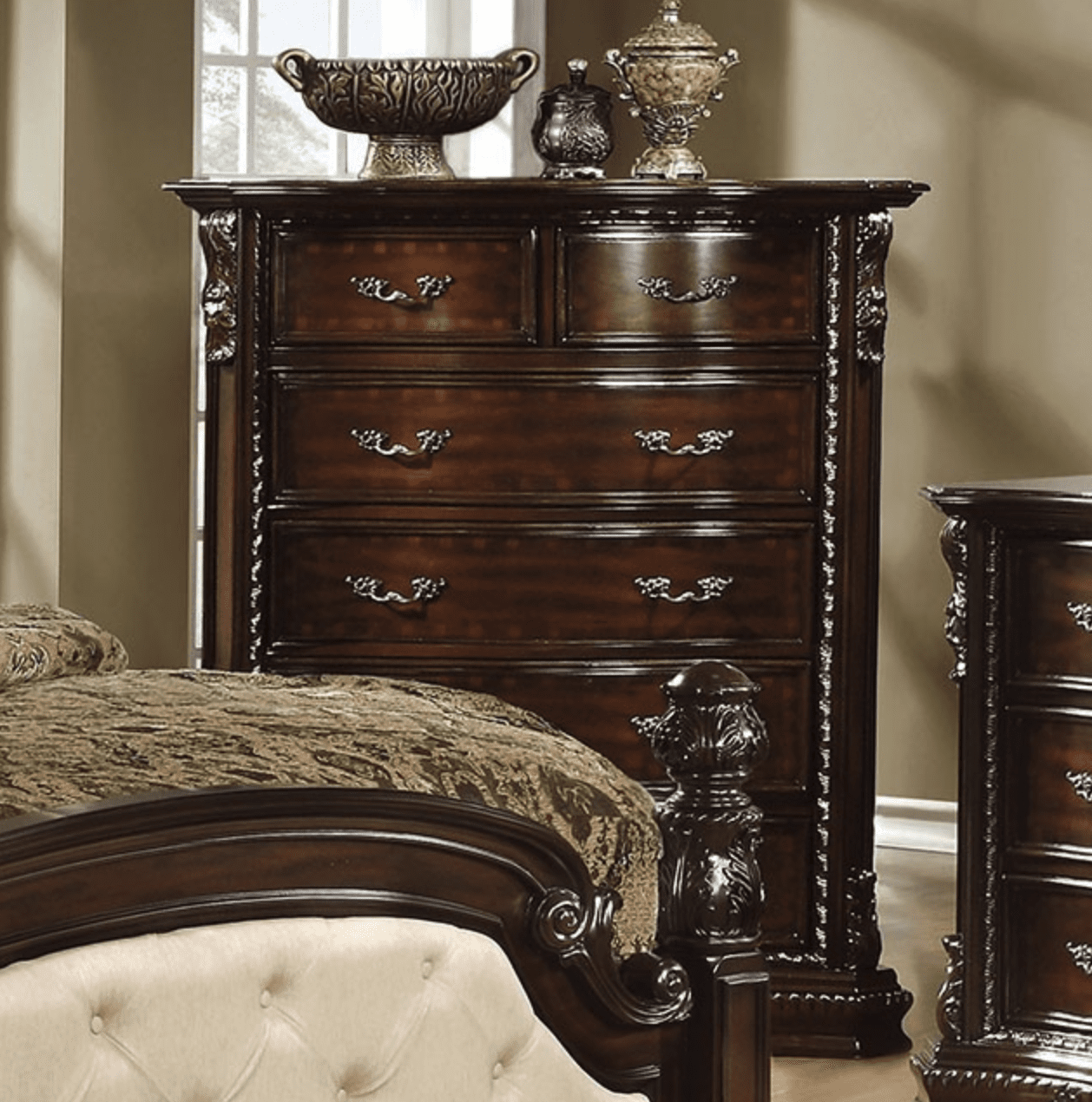 Mandalay Traditional Poster Canopy King Bedroom Set - Brown Cherry
