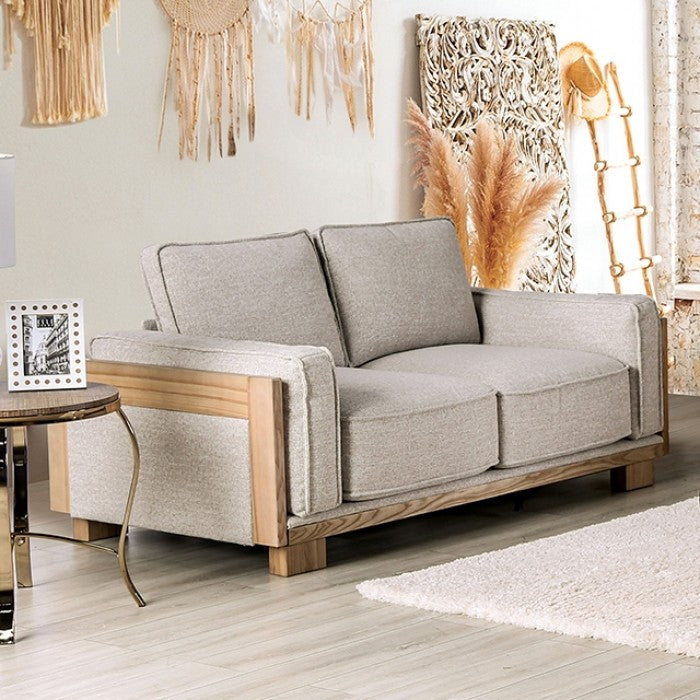 Harstad Contemporary Chenille & Wood Trimmed Living Room Set