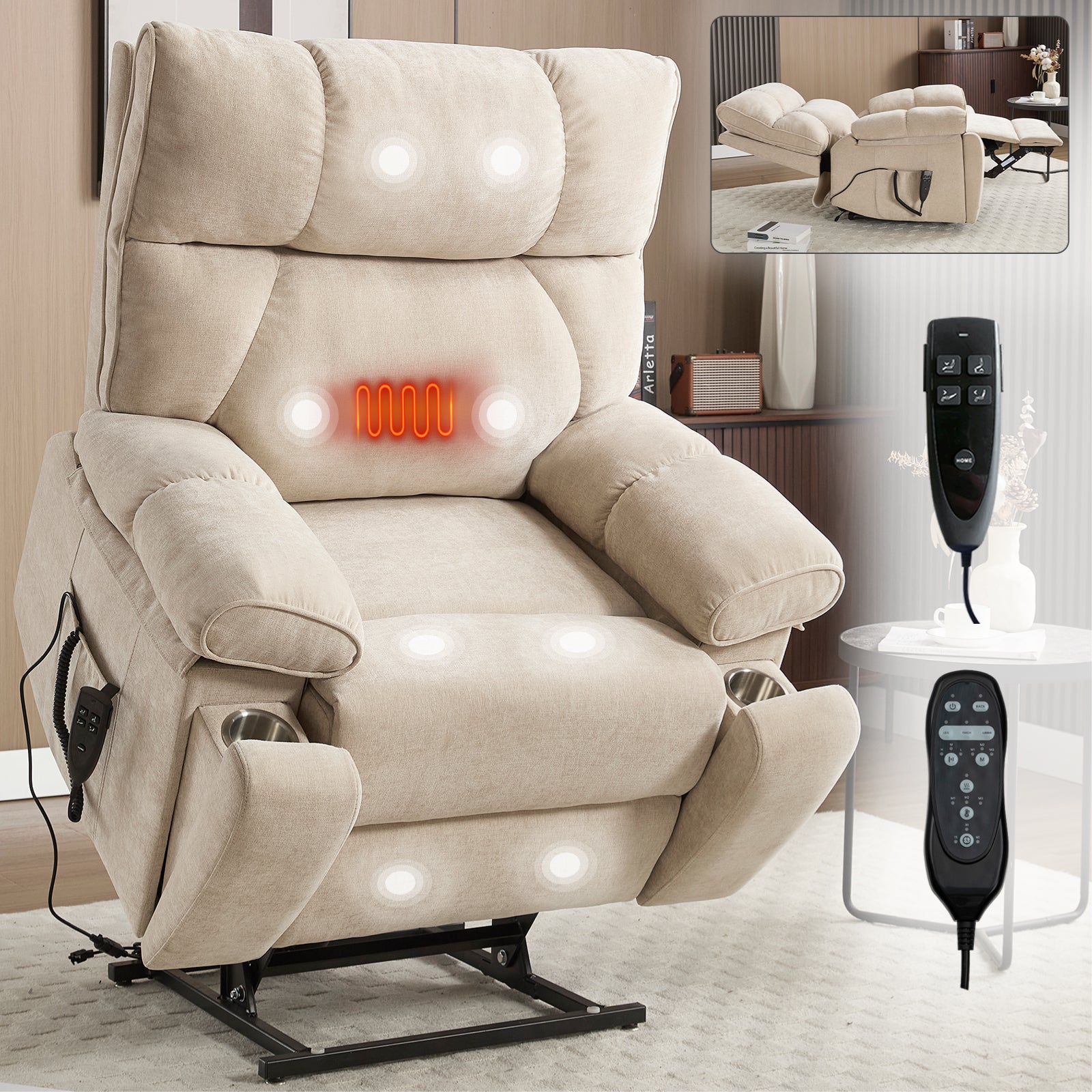 Beige massage chair with heating indicator in a living room setting