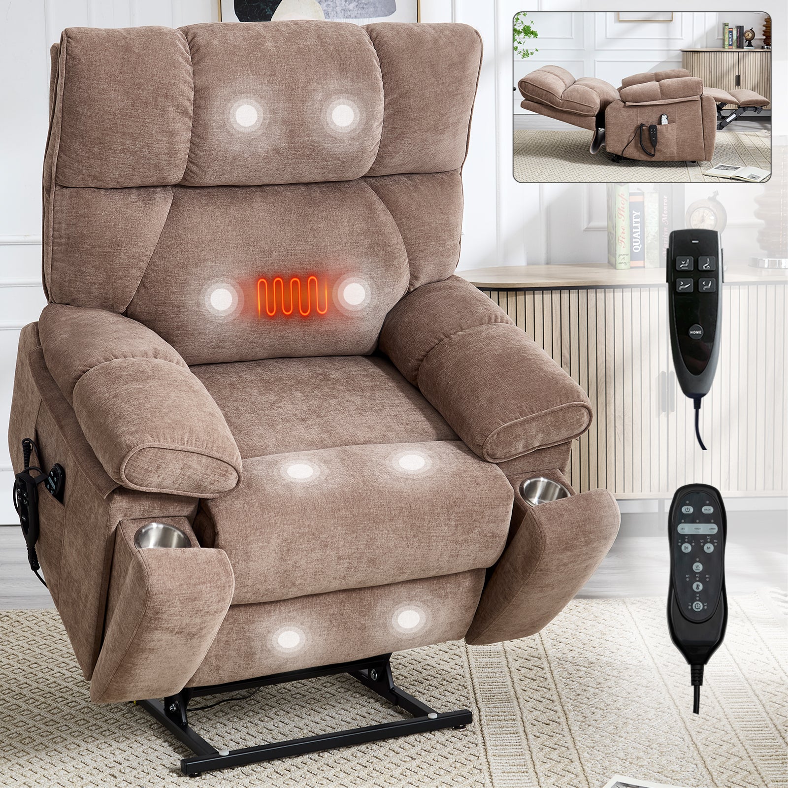 Brown recliner chair with massage function and remote controls on a light background