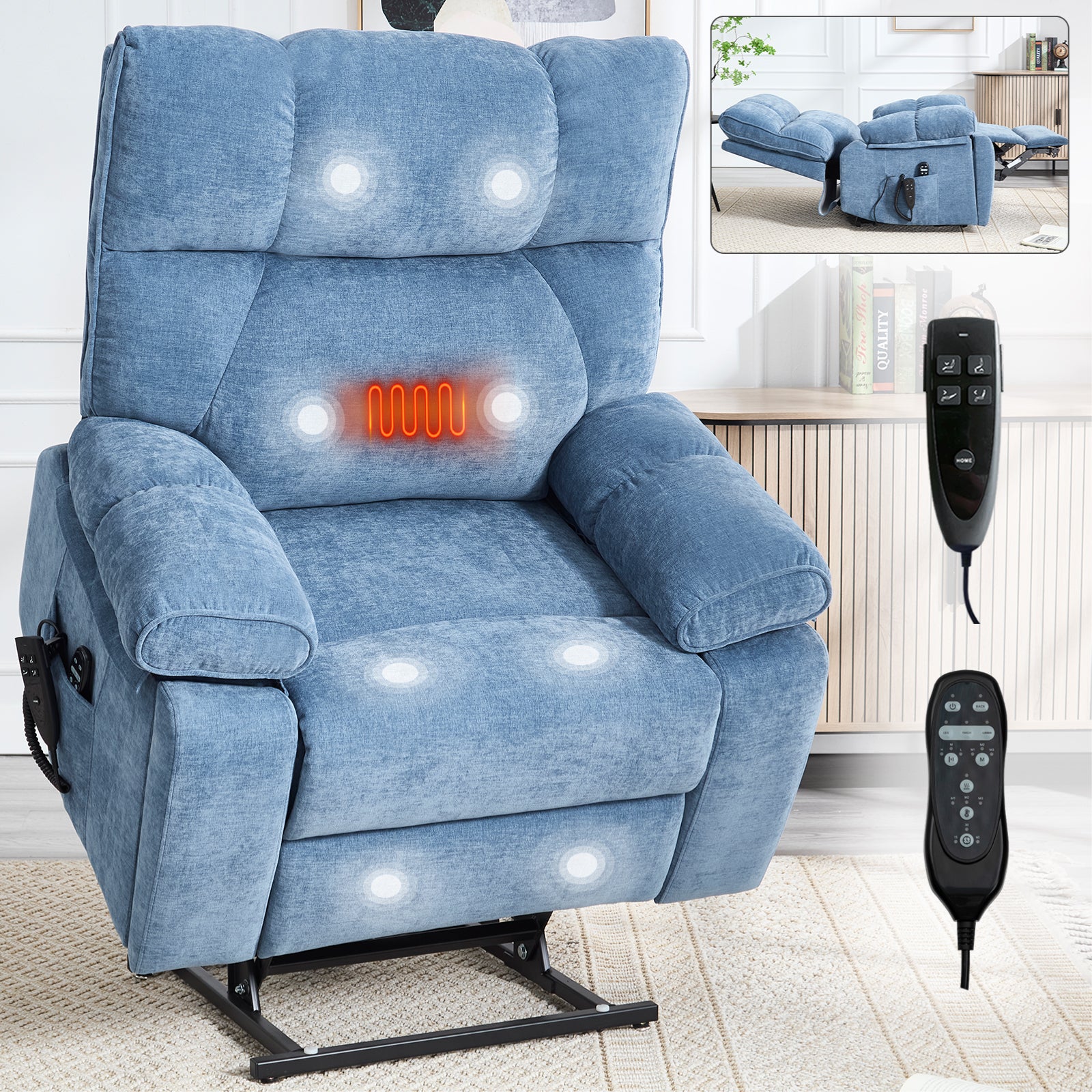 Blue recliner chair with massage and heating functions, shown with remote controls.