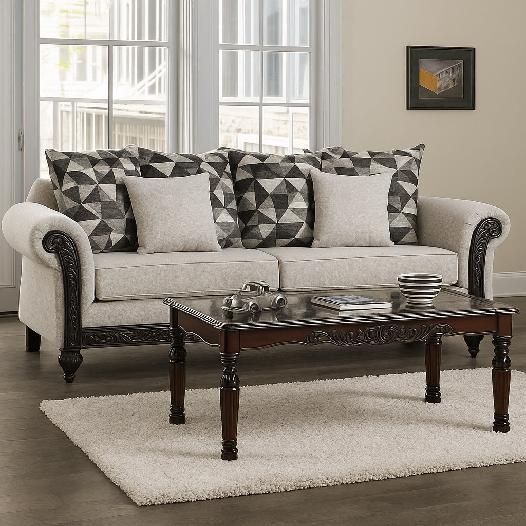 Cassani Traditional Rolled Arm Sofa - Light Gray & Walnut