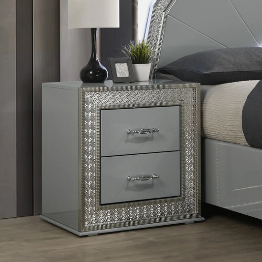 Cassiopeia Glam Collection Nightstand with Metallic Scale Molding, Metallic Gray