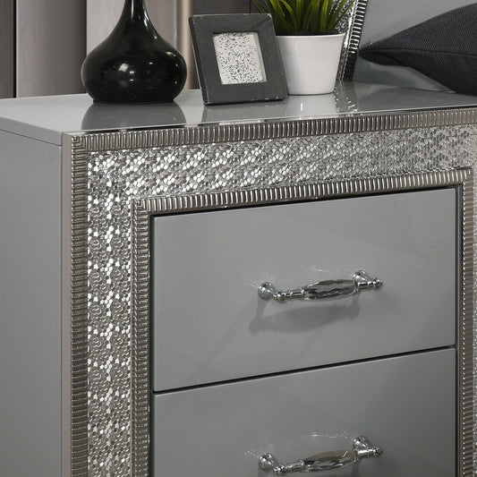 Cassiopeia Glam Collection Nightstand with Metallic Scale Molding, Metallic Gray