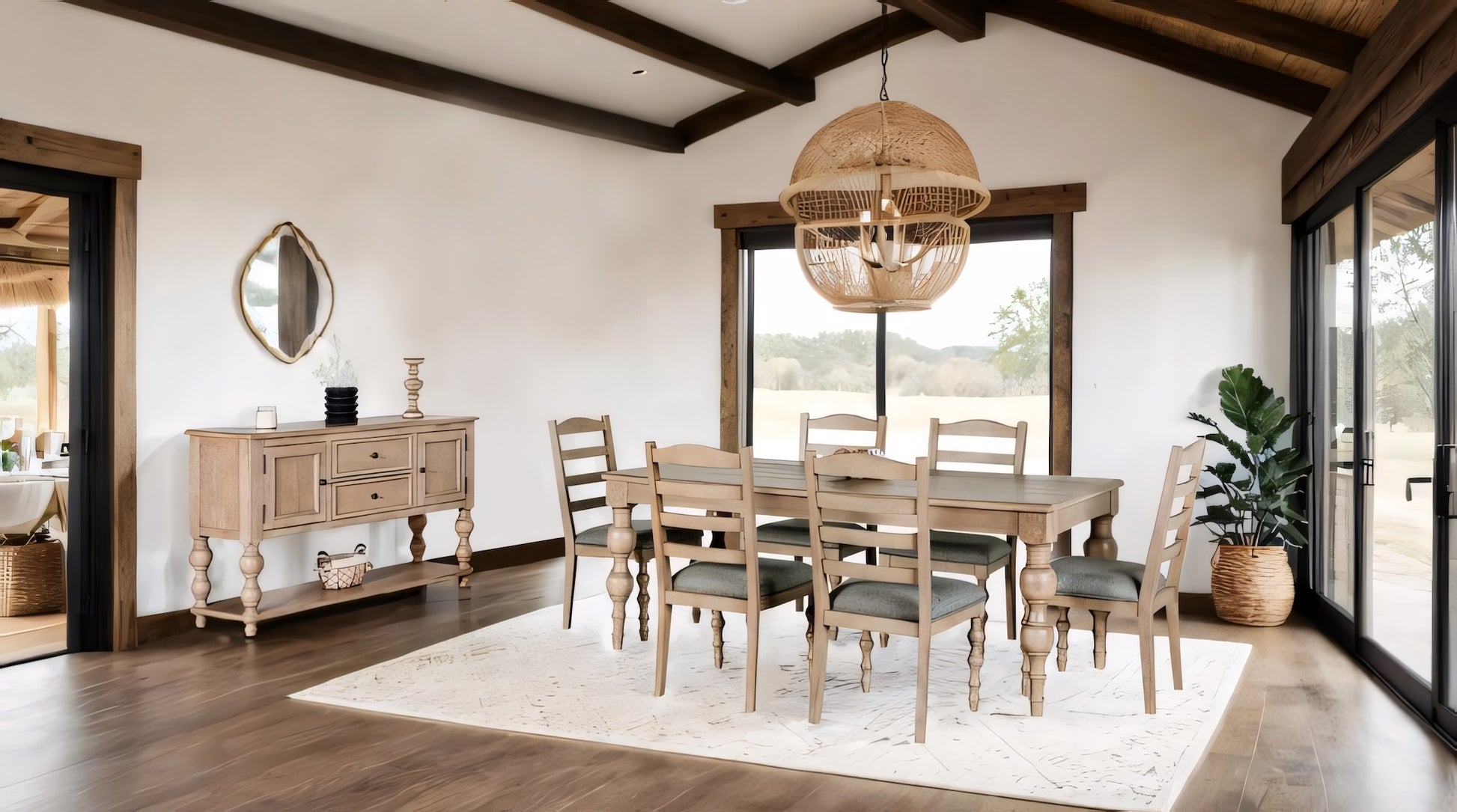Dining room with wooden furniture and large windows