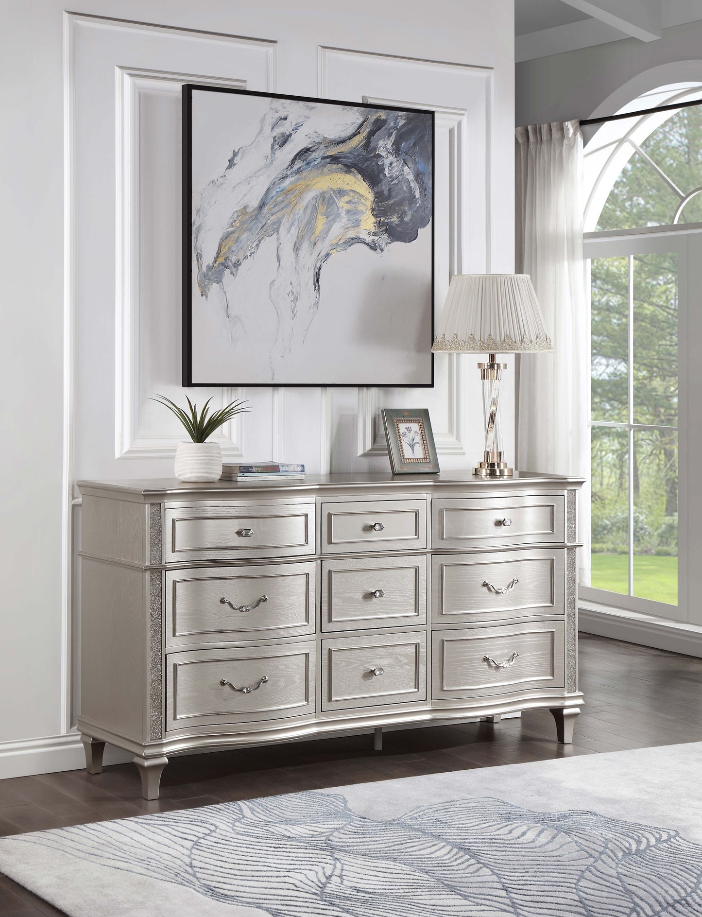 Evangeline 9 Drawer Glam Dresser with Removable Jewelry Tray in Silver Oak