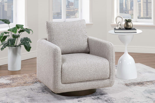 Gray swivel chair in a modern living room with a cityscape view.