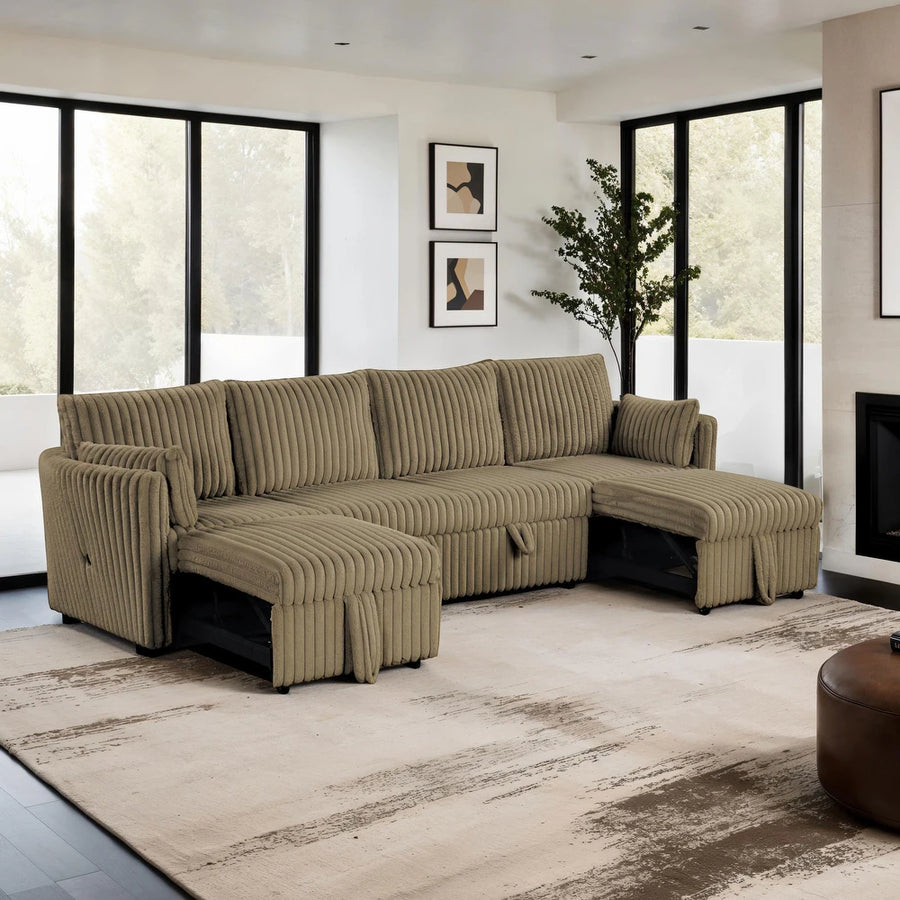 Denholme Faux Fur U-Sectional Sofa Bed with Charging Ports – Brown