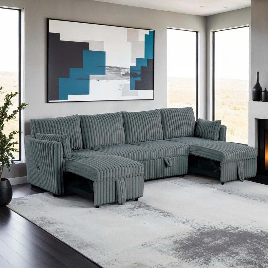 Denholme Faux Fur U-Sectional Sofa Bed with Charging Ports – Dark Gray